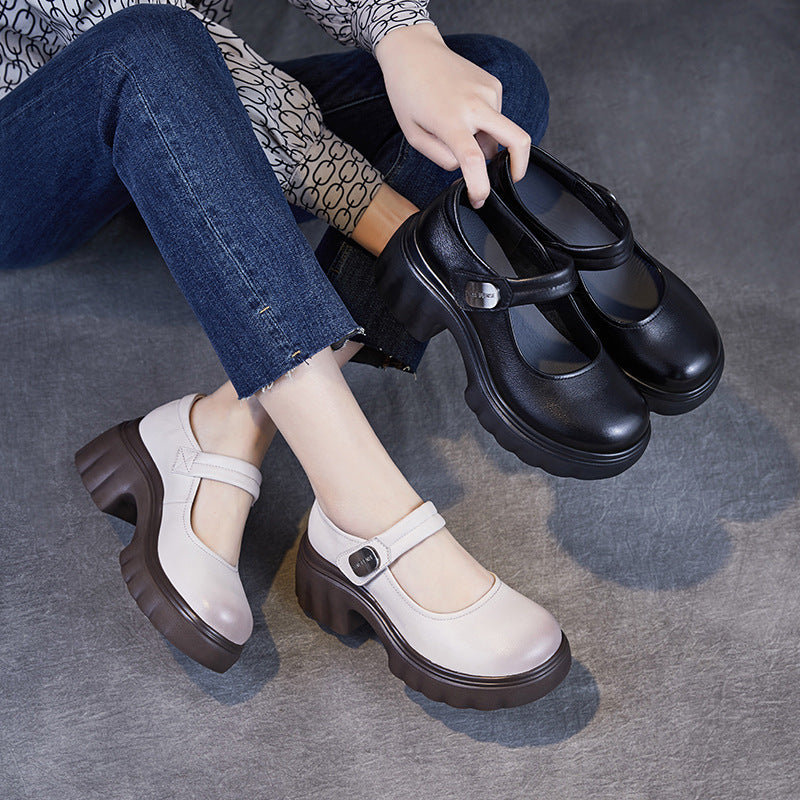 Women Fashion Leather Buckle Velcro Tape Mary Jane Shoes-RAIIFY