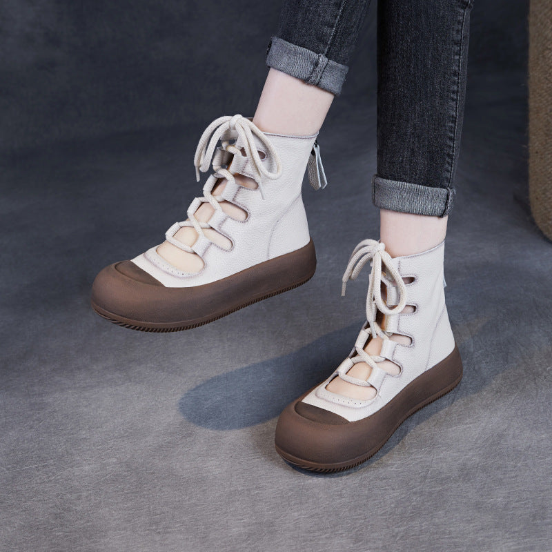 Women Retro Plain Hollow Leather Ankle Boots-RAIIFY