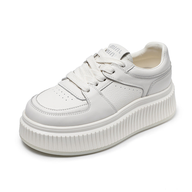 Women Minimalism Leather Pure White Platform Sneakers-RAIIFY