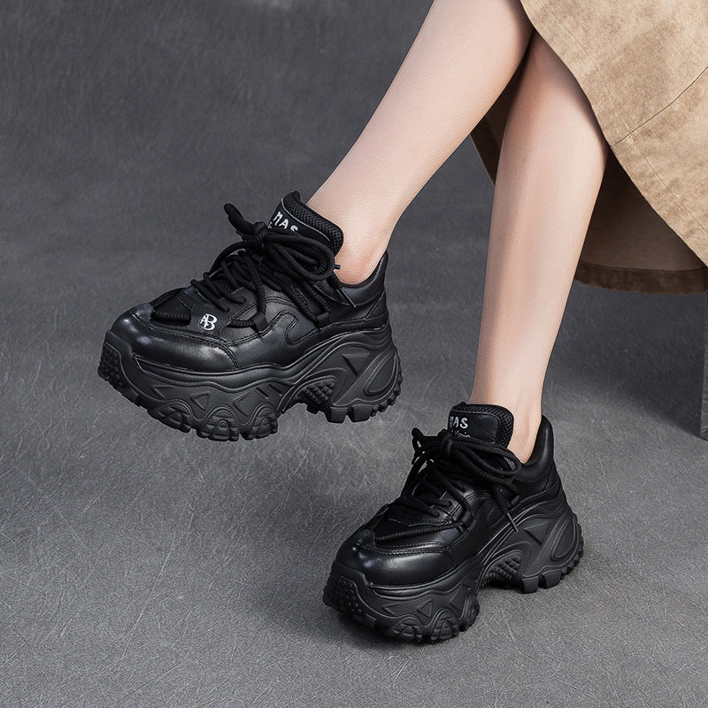 Women's Retro Plain Leather Chunky Platform Sneakers-RAIIFY