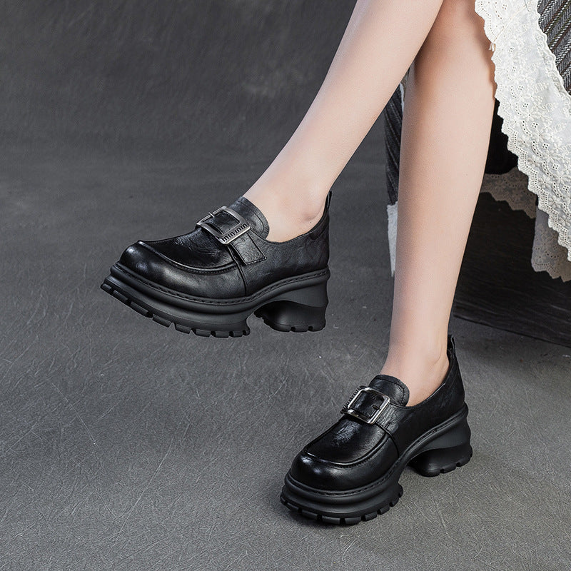 Women Retro Plain Leather Chunky Heel Loafers-RAIIFY