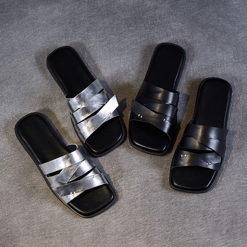 Women Soft Leather Retro Summer Casual Slides Sandals-RAIIFY