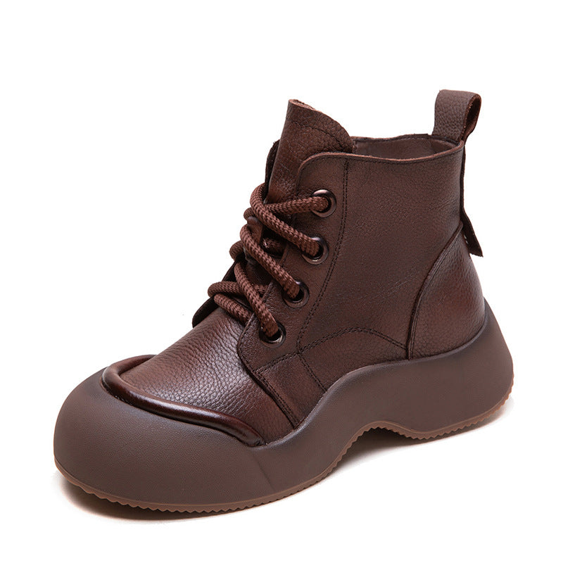 Women Solid Soft Leather Casual Thick Soled Boots-RAIIFY