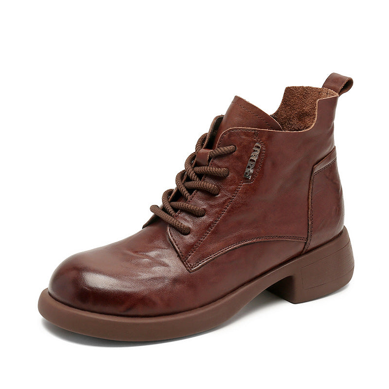 Women Retro Leather Low Block Ankle Boots-RAIIFY