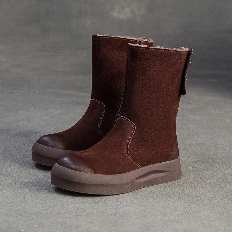 Botas de media caña de piel retro para mujer con forro polar