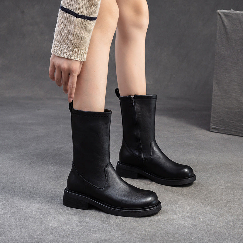 Women Solid Leather Retro Mid-Calf Casual Boots-RAIIFY