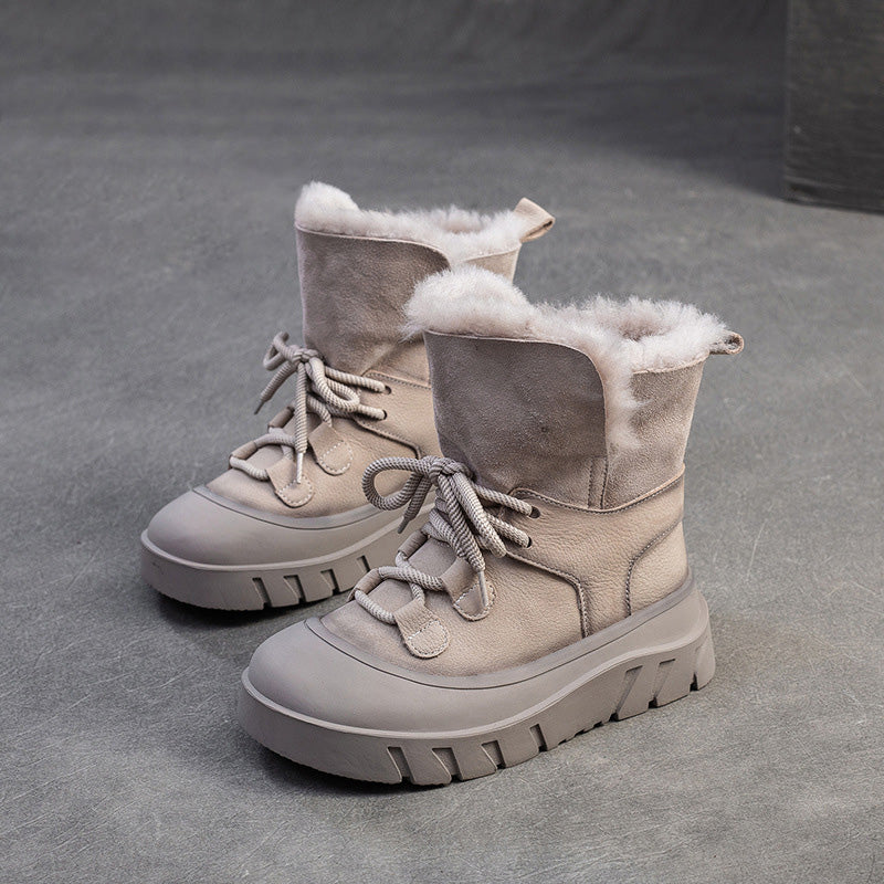 Women Solid Cowhide Warm Casual Woolen Snow Boots-RAIIFY