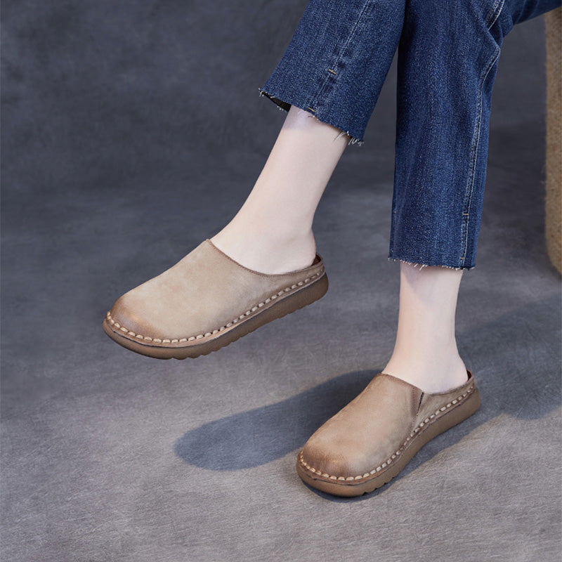 Women Retro Solid Leather Casual Mules-RAIIFY