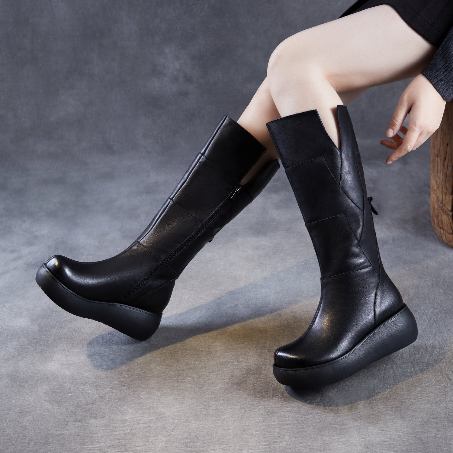 Women's Winter Furred Leather Platform Riding Boots-RAIIFY