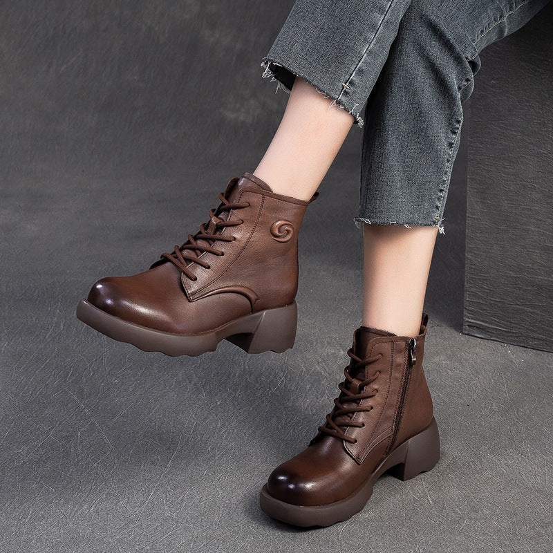 Women Retro Leather Low Block Ankle Boots-RAIIFY