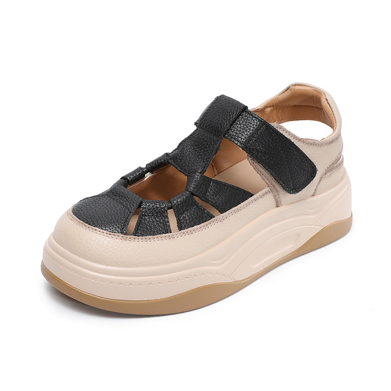 Women Plain Leather Round Head Platform Casual Sandals-RAIIFY