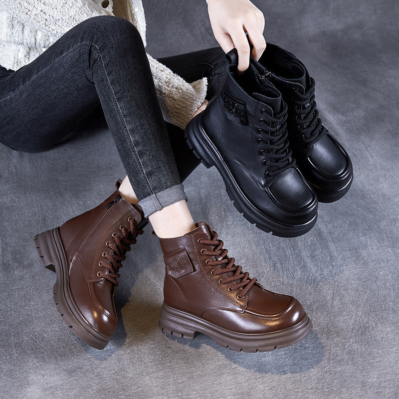 Women Vintage Solid Cowhide Casual Ankle Boots-RAIIFY