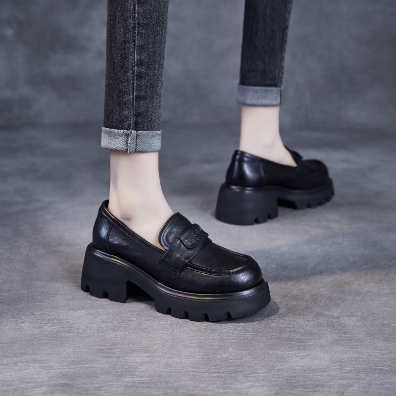 Women Minimalism Solid Leather Chunky Heel Loafers-RAIIFY