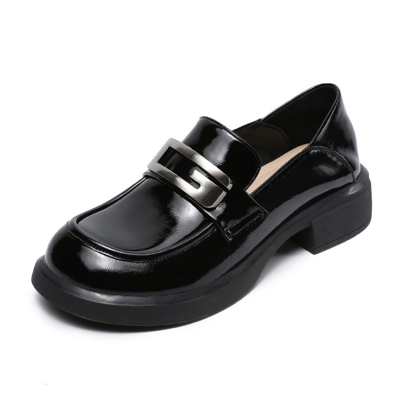 Women Solid Glossy Leather Low Block Loafers-RAIIFY