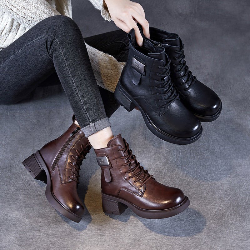 Women Retro Solid Leather Low Block Ankle Boots-RAIIFY