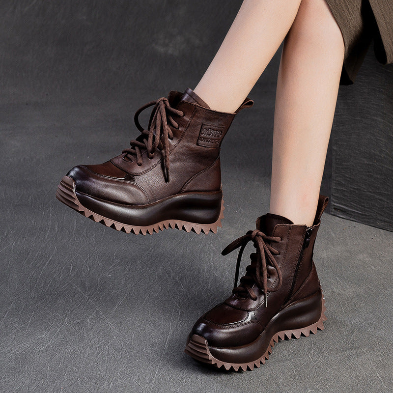 Women Vintage Solid Leather Lug Sole Ankle Boots-RAIIFY