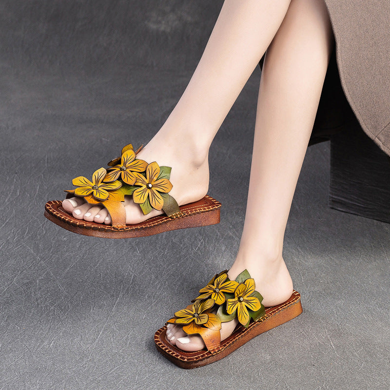 Women Retro Casual Flower Leather Flat Slides-RAIIFY