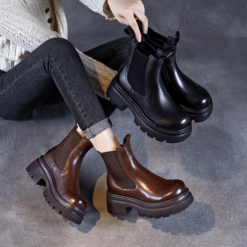 Women Vintage Leather Casual Platform Boots-RAIIFY