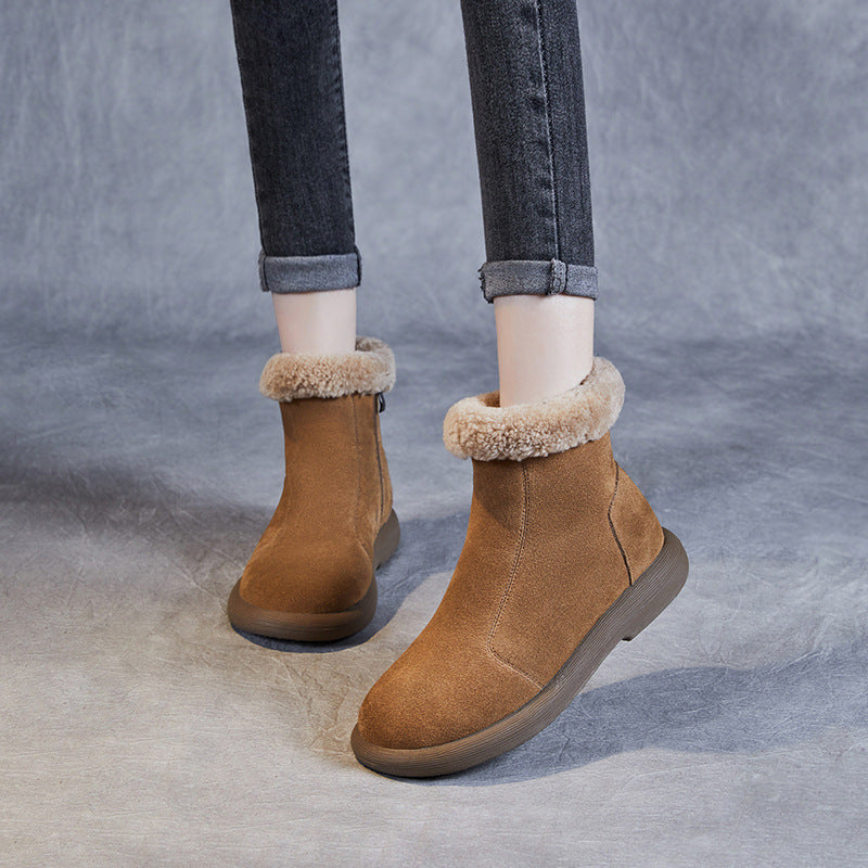 Women Retro Minimalism Solid Suede Flat Snow Boots-RAIIFY