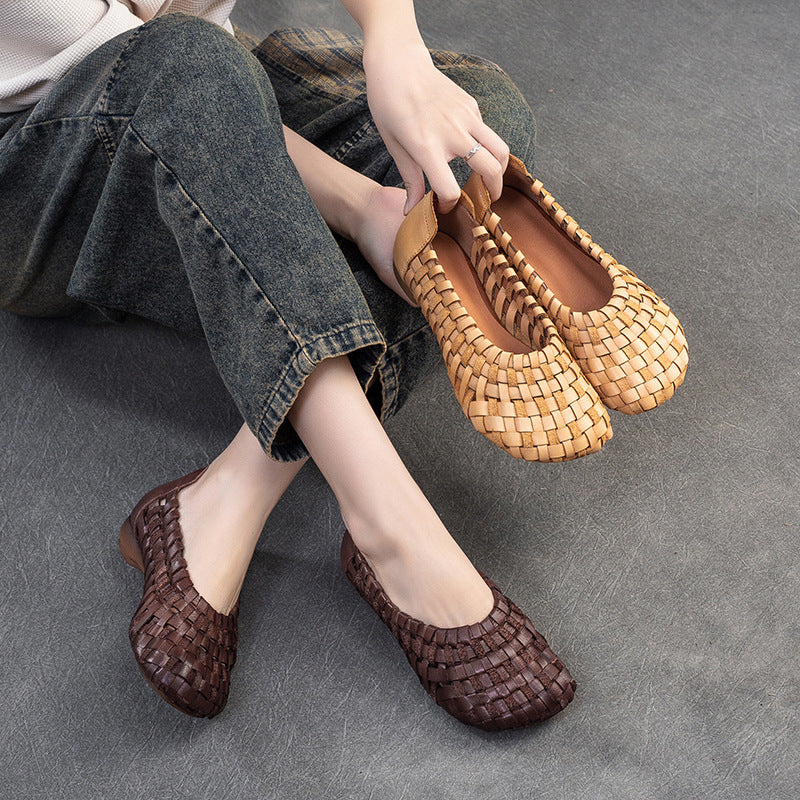 Women Handcraft Plaited Leather Soft Low Block Sandals-RAIIFY