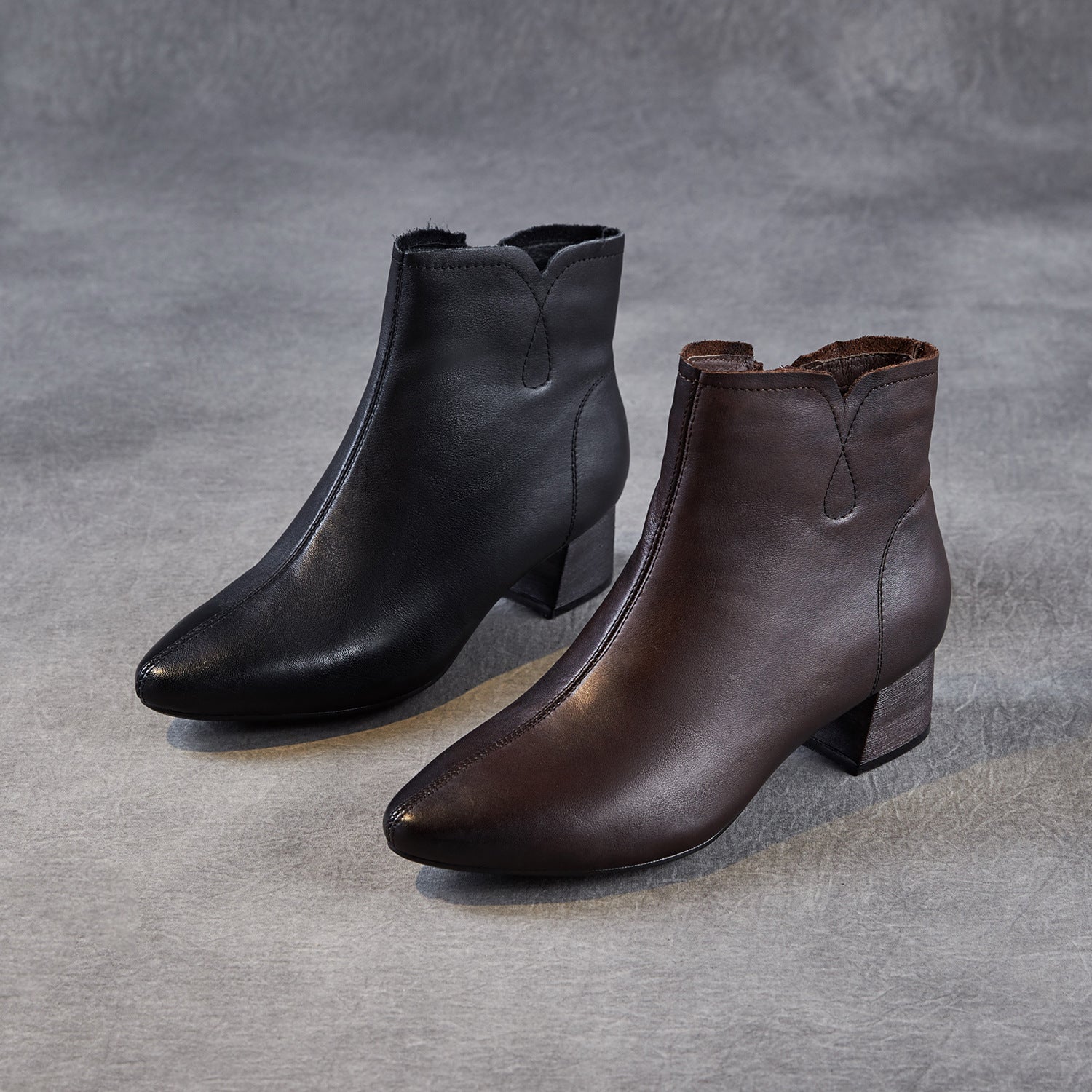 Women's Pointed-Toe Block-Heel Leather Ankle Boots-RAIIFY