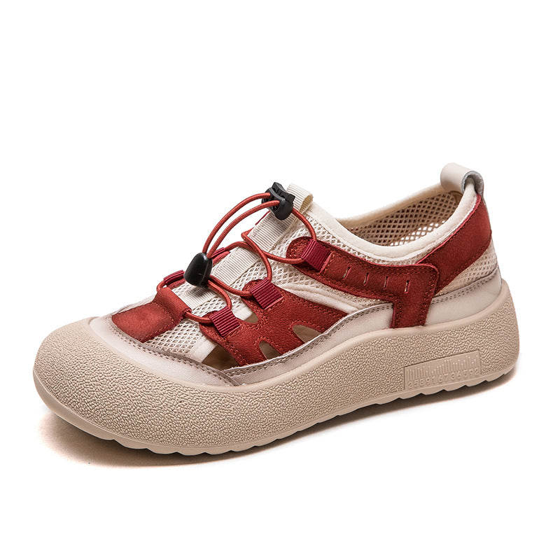 Women Hollow Mesh Leather Elastic Lace Casual Shoes-RAIIFY