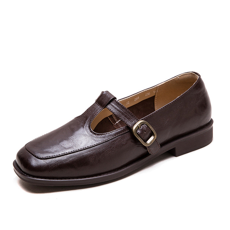 Women T-Strap Retro Leather Casual Loafers-RAIIFY