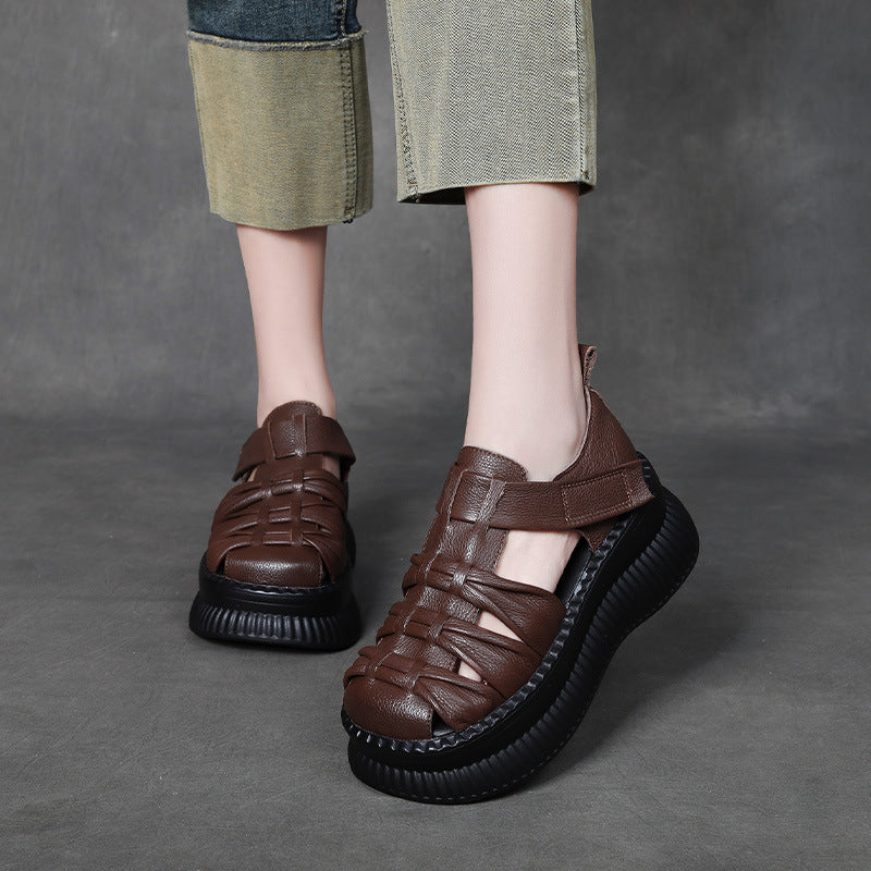 Women Retro Plaited Leather Platform Summer Sandals-RAIIFY