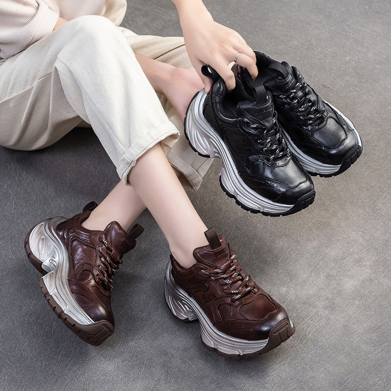 Women Vintage Casual Leather Chunky Platform Sneakers-RAIIFY