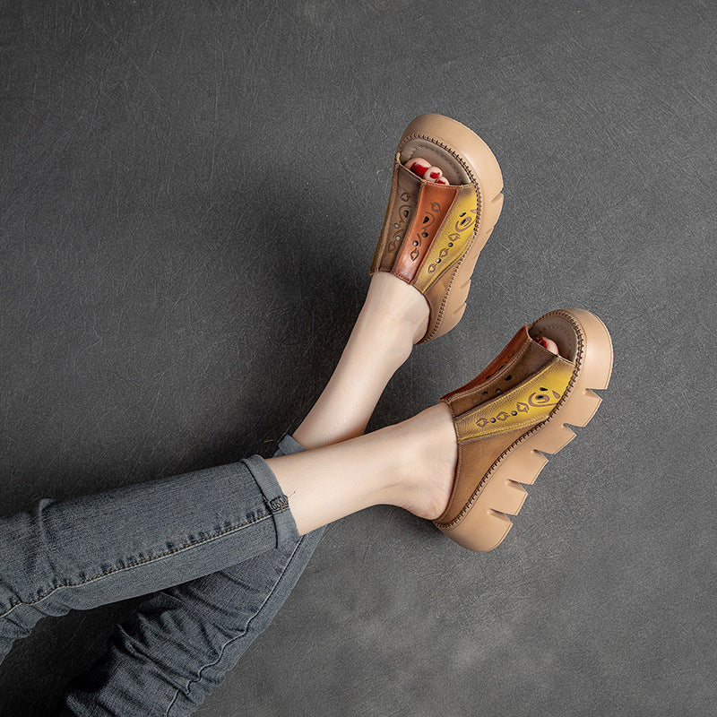 Women's Fashion Color Matching Leather Platform Slides-RAIIFY