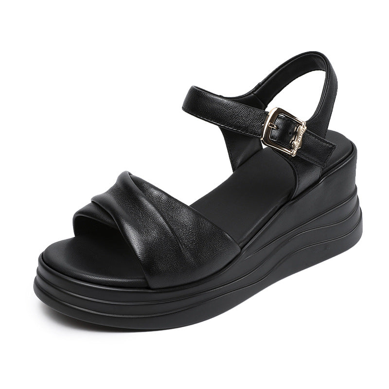 Women Elegant Plain Leather Chunky Wedge Sandals-RAIIFY