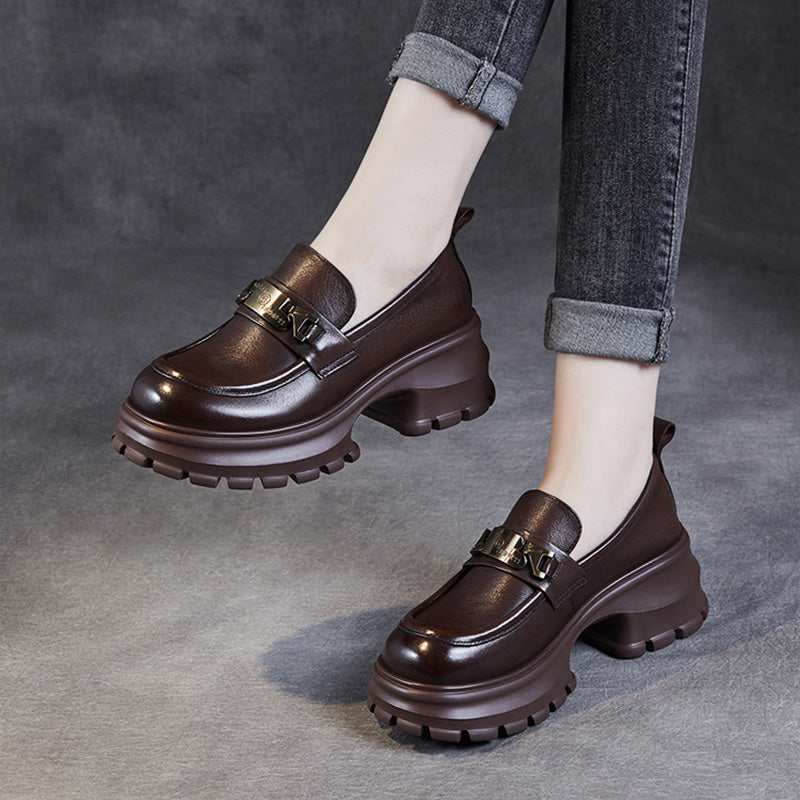 Women Leather Chain Casual Chunky Platform Loafers-RAIIFY