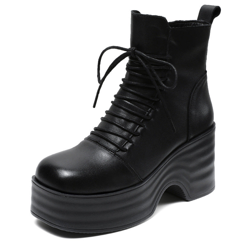 Women Vintage Solid Leather Chunky Platform Boots-RAIIFY