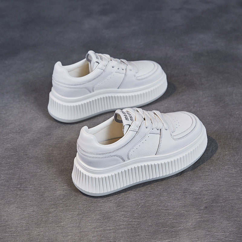 Women Minimalism Leather Pure White Platform Sneakers-RAIIFY