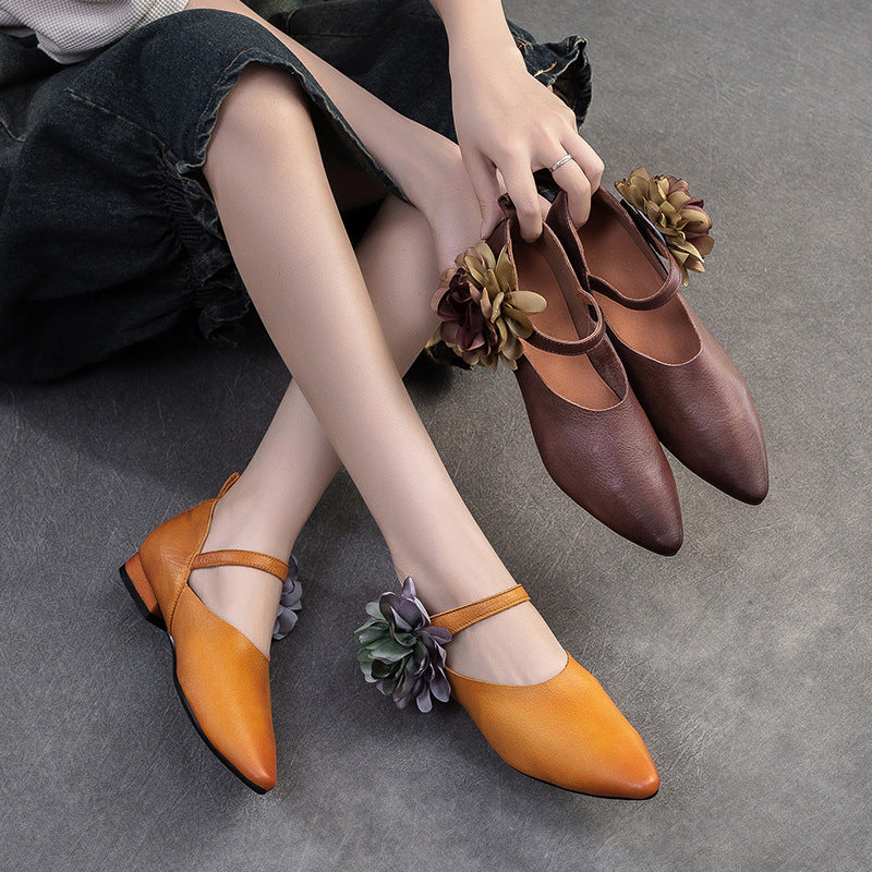 Women Retro Ethnic Flower Leather Pointed Toe Shoes-RAIIFY