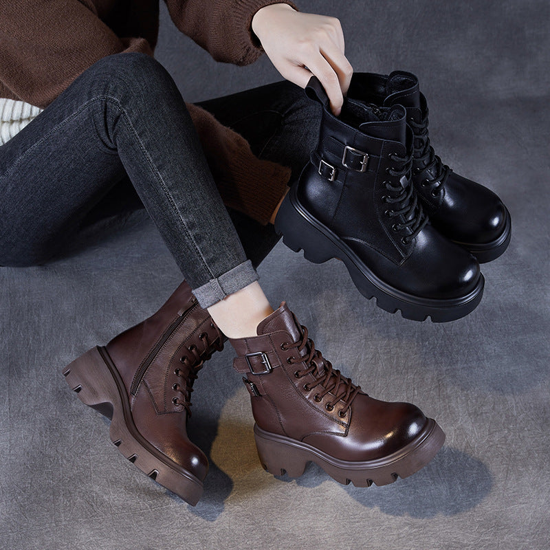 Women Solid Leather Fashion Leather Thick Soled Boots-RAIIFY