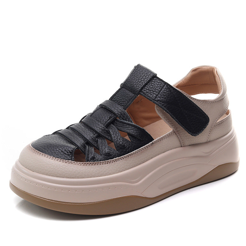 Women's Casual Plaited Leather Round Head Velcro Sandals-RAIIFY
