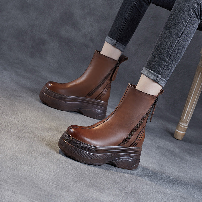 Women Solid Leather Retro Chunky Platform Boots-RAIIFY