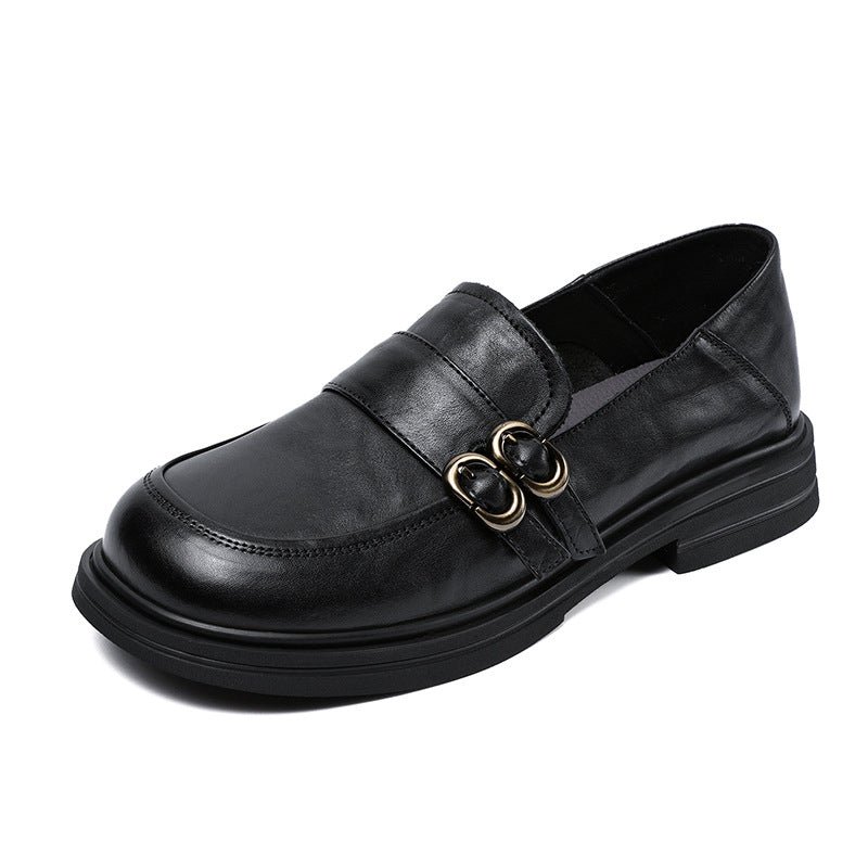 Women Retro Solid Leather Buckle Flat Loafers-RAIIFY