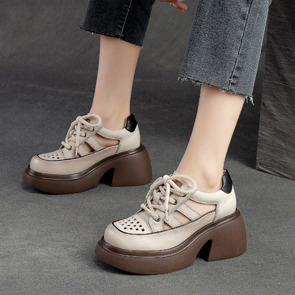 Women Summer Hollow Leather Chunky Heel Sandals-RAIIFY