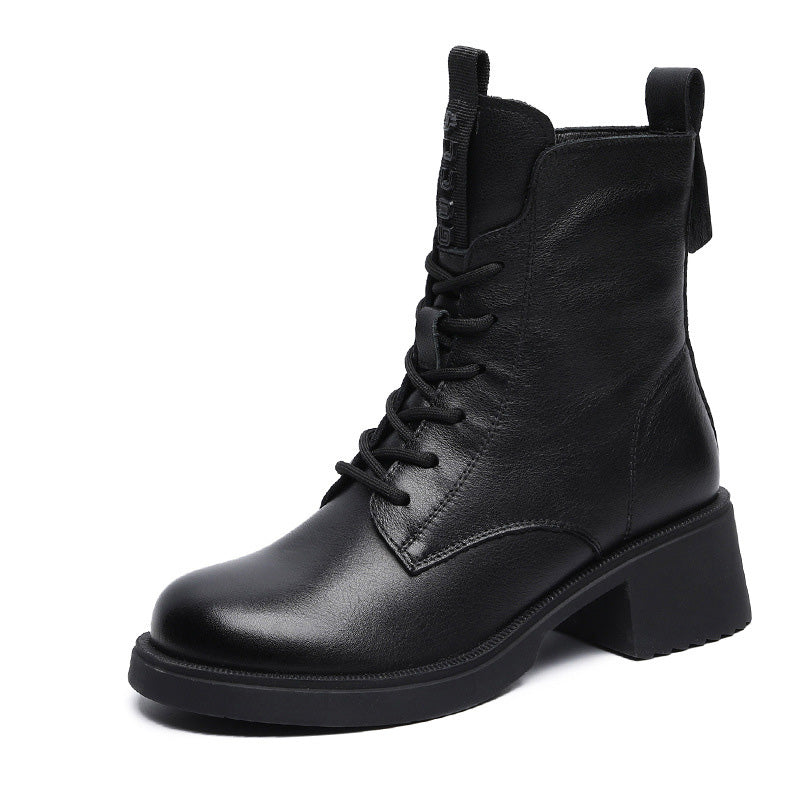 Women Vintage Soft Leather Low Block Boots-RAIIFY