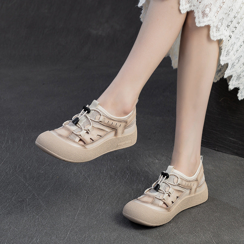 Women Hollow Mesh Leather Elastic Lace Casual Shoes-RAIIFY
