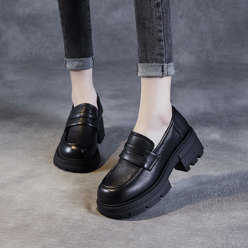 Women Minimalist Comfort Leather Platform Black Loafers-RAIIFY