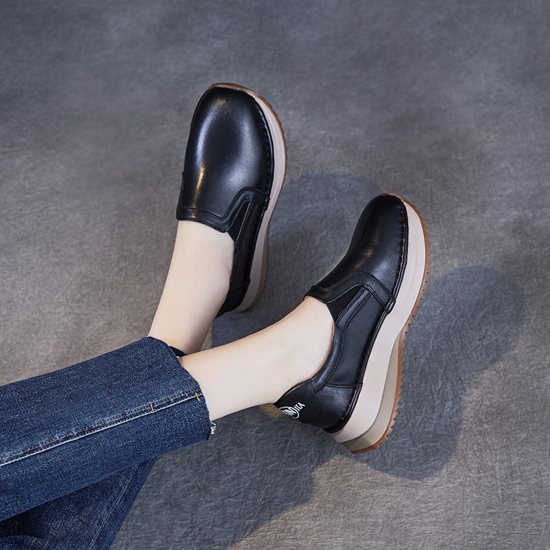 Women Minimalism Solid Leather Casual Loafers-RAIIFY