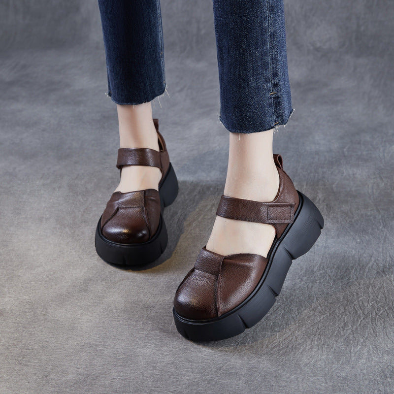 Women Retro Round Head Leather Platform Casual Sandals-RAIIFY