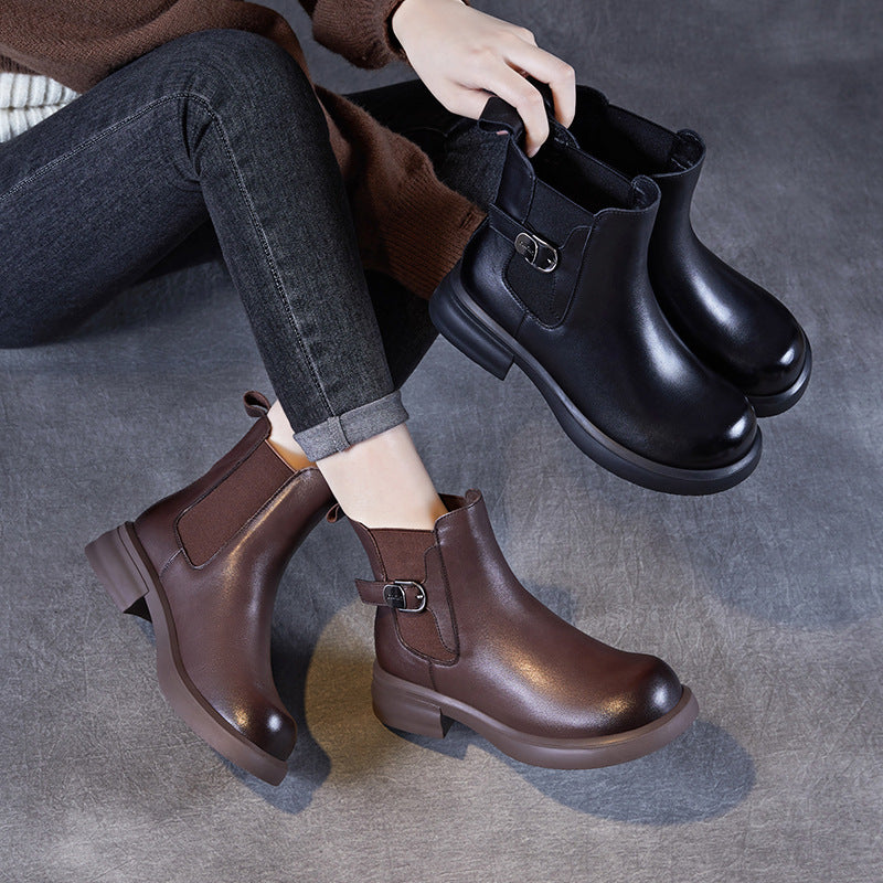 Women Solid Leather Buckle Fashion Ankle Boots-RAIIFY