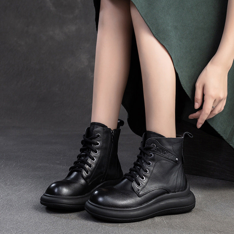 Women Solid Leather Minimalism Flat Ankle Boots-RAIIFY