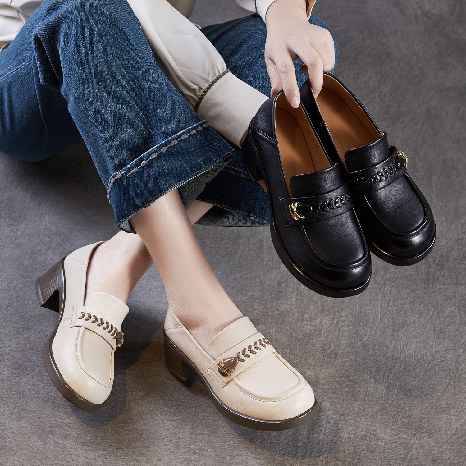 Women's Plain Leather Casual Chunky Heel Loafers-RAIIFY