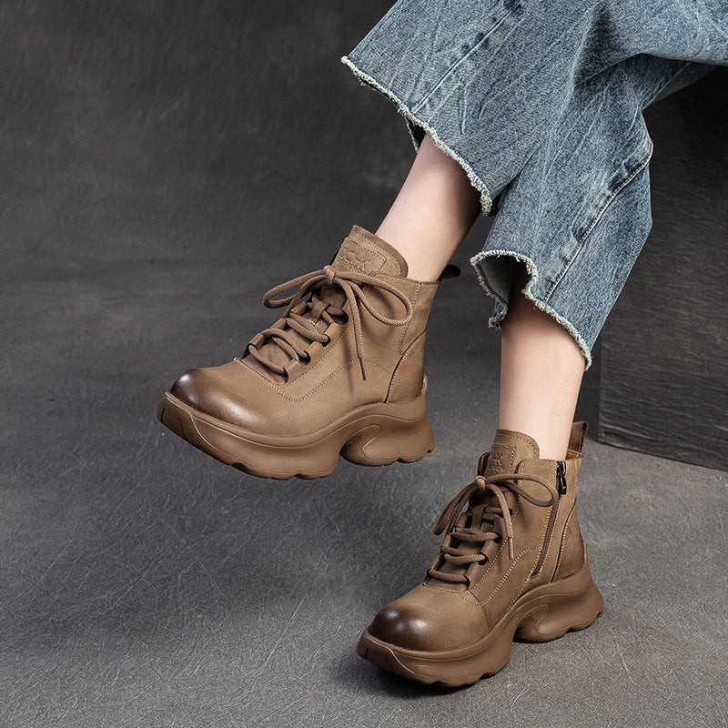 Women Minimalism Solid Leather Platform Ankle Boots-RAIIFY