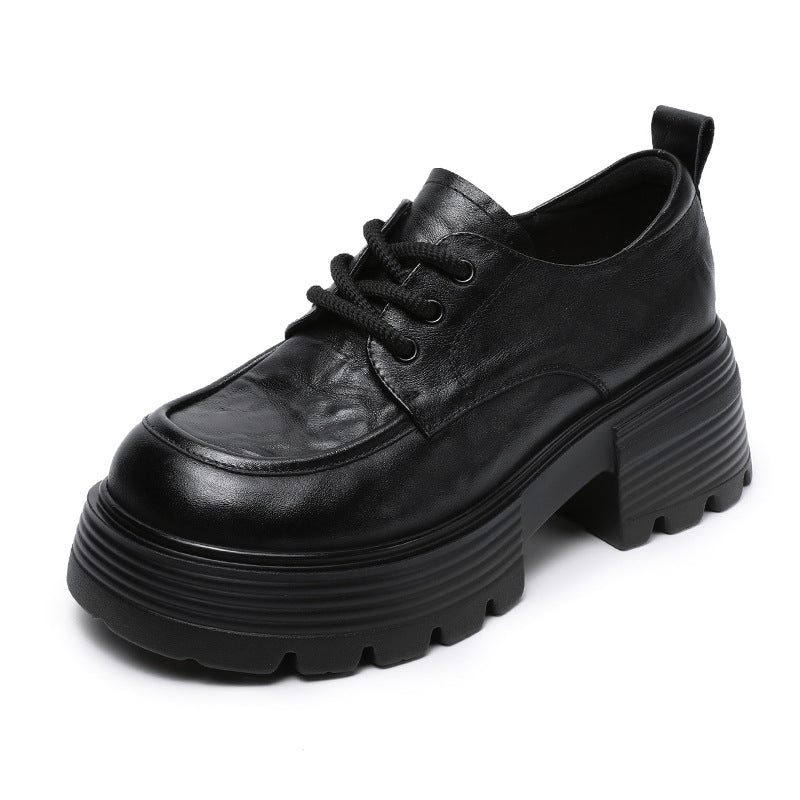 Women Retro Plain Leather Lace-up Platform Loafers-RAIIFY